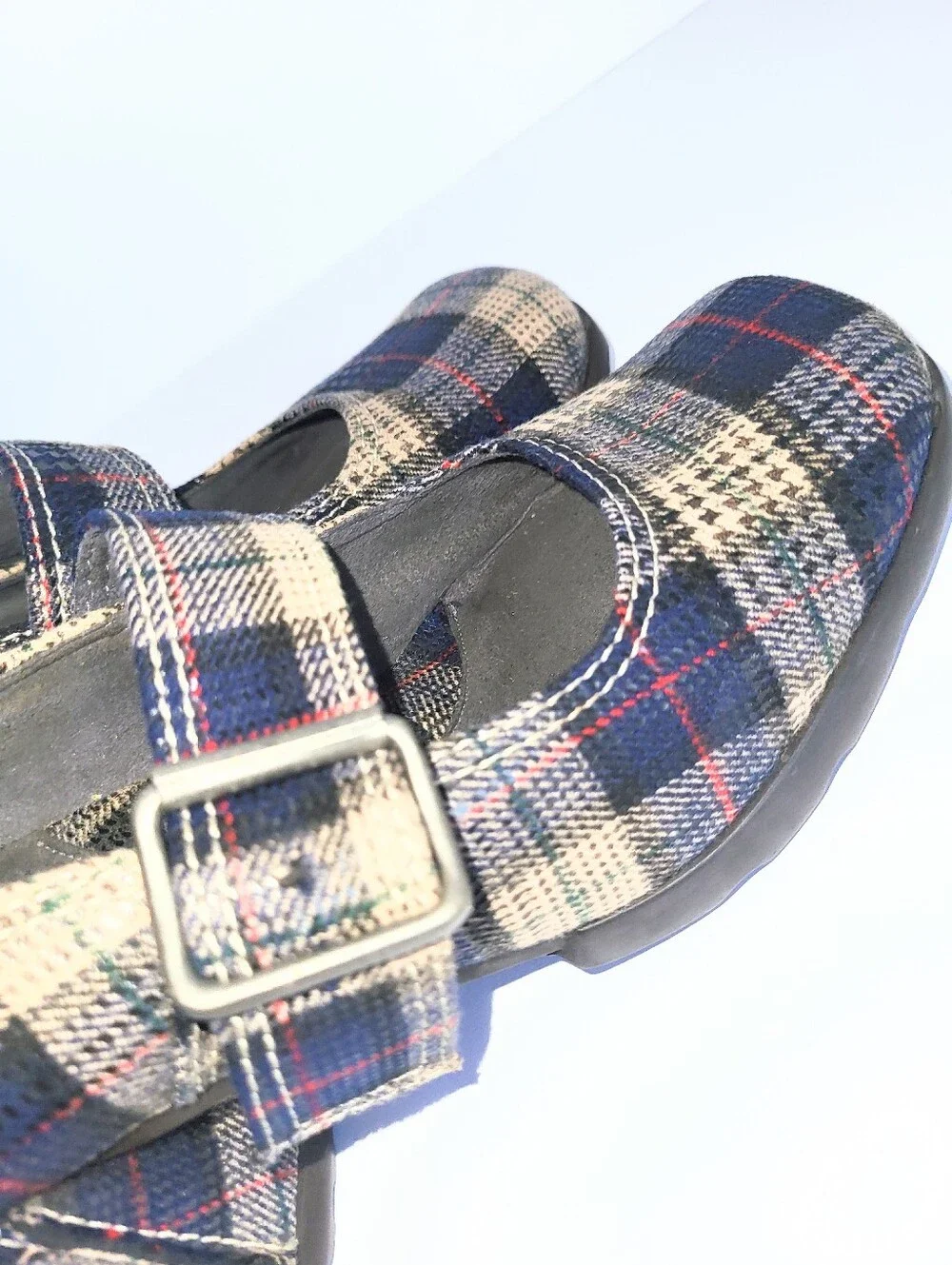 John Fluevog Benatar Blue Plaid Geometric Chunky Heel Mary Janes Size 7